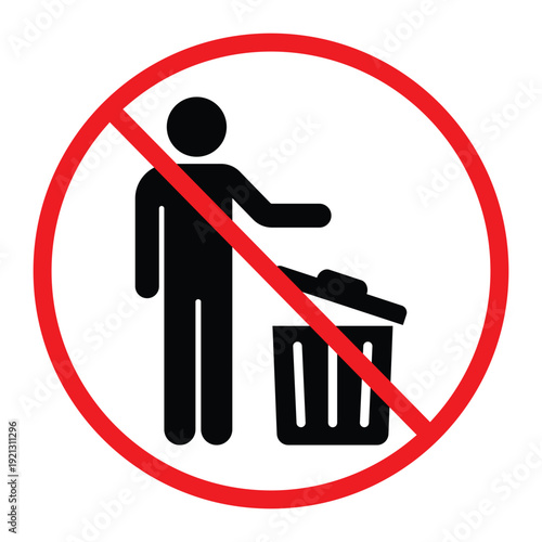 No littering prohibition sign showing a person throwing trash into a bin crossed by a red circle and diagonal line. Simple black pictogram on light background, ideal for public notice, hygiene and saf