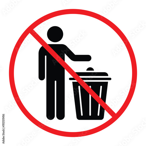 No littering prohibition sign showing a person throwing trash into a bin crossed by a red circle and diagonal line. Simple black pictogram on light background, ideal for public notice, hygiene and saf