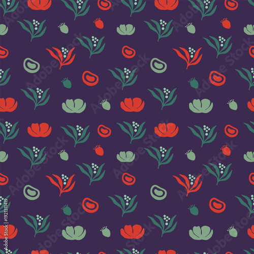 Moody Botanical Seamless Pattern with Abstract Flowers and Leaves on Dark Purple
