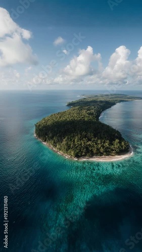 Aerial view of tropical island landscape.