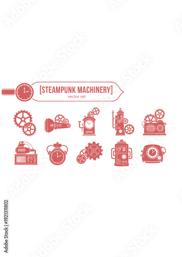 Steampunk Machinery Vector Set - Black Silhouette Illustrations, Victorian Tech Graphics, Clockwork Icons, Retro-Futuristic Design Elements