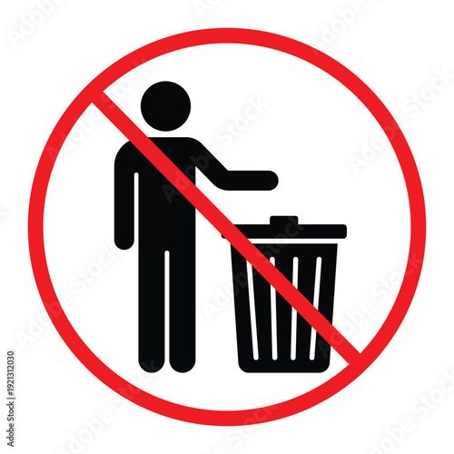 No littering prohibition sign showing a person throwing trash into a bin crossed by a red circle and diagonal line. Simple black pictogram on light background, ideal for public notice, hygiene and saf