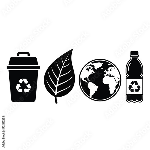 Eco-friendly black and white illustration set featuring recycling bin, leaf, Earth globe, and plastic bottle, promoting sustainability and environmental conservation globally with simple, st
