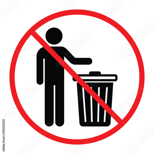 No littering prohibition sign showing a person throwing trash into a bin crossed by a red circle and diagonal line. Simple black pictogram on light background, ideal for public notice, hygiene and saf