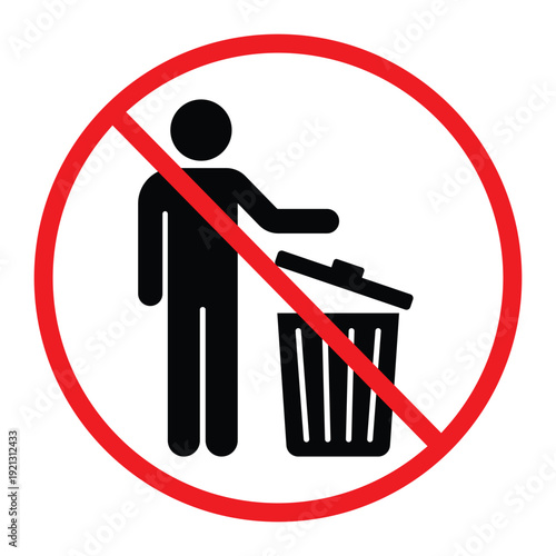 No littering prohibition sign showing a person throwing trash into a bin crossed by a red circle and diagonal line. Simple black pictogram on light background, ideal for public notice, hygiene and saf