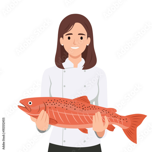 Female Chef Holding Fresh Salmon Fish. Flat vector illustration isolated on white background