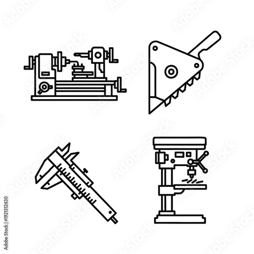 Detailed black and white line art illustration set featuring a lathe machine in operation, a saw cutting through material, a chisel sharpening on a whetstone, and a drill press in a workshop