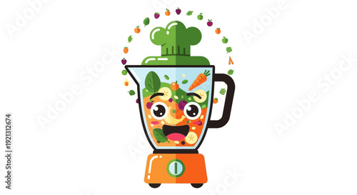 Cartoon Blender with Vegetable Character Inside.