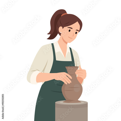 Female Potter Crafting Clay Vase in Art Studio. Flat vector illustration isolated on white background