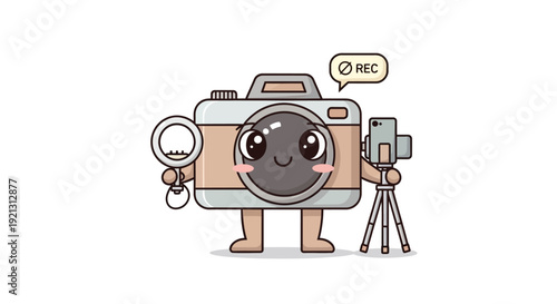 Cartoon Camera Character with Magnifying Glass.