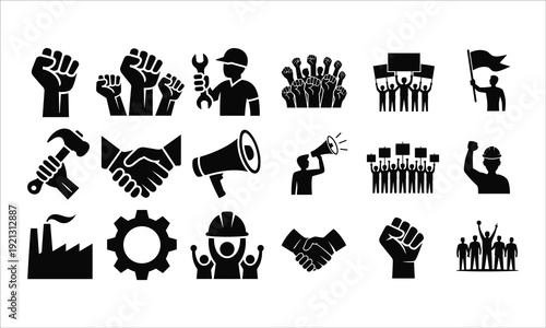Black protest and Labor Day icons on for social movements and activism