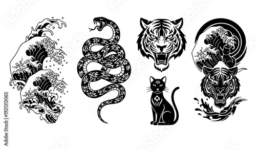 Japanese inspired wave snake tiger tattoo silhouette vector set EPS 10