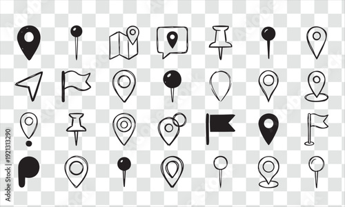 Hand Drawn Map Location Pin Icons Set. Doodle Style Pushpins and Navigation Markers Collection