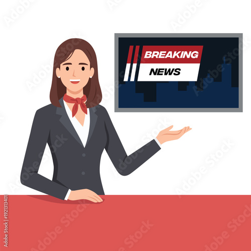 Professional News Anchor Presenting Breaking News. Flat vector illustration isolated on white background