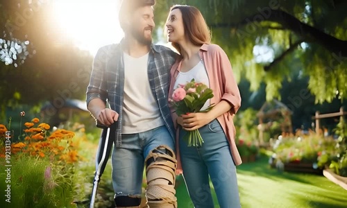 A disabled couple poses for a photo together.