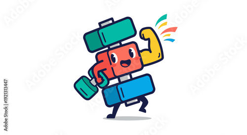 Cartoon dumbbell character exercising with weights.