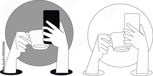 Smartphone Addiction Concept with Coffee Cup, Social Media Distraction Lifestyle Vector Illustration EPS10