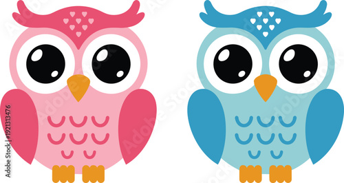 Pink and Blue Cartoon Owls with Heart Patterns cute
