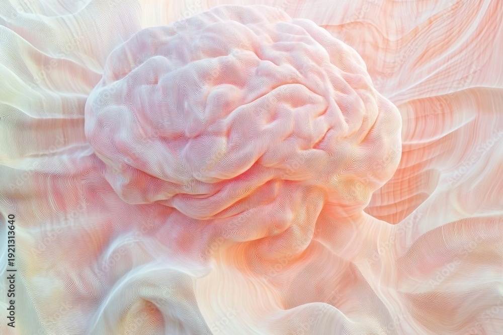 Fototapeta premium Intricate 3D rendering of a brain surrounded by soft pastel textures in a surreal environment