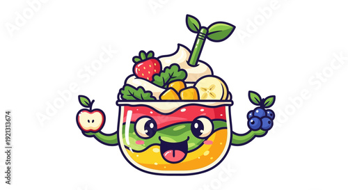Cartoon Fruit Salad Cup Character Smiling.