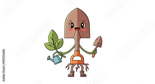 Cartoon Gardener Character with Tools and Plant.
