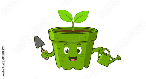 Cartoon Green Pot with Sprouting Seedling.