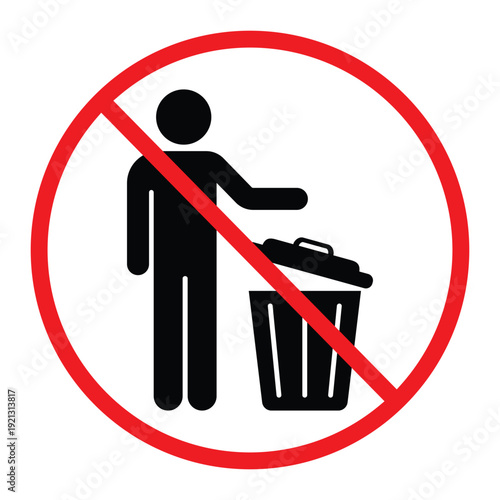 No littering prohibition sign showing a person throwing trash into a bin crossed by a red circle and diagonal line. Simple black pictogram on light background, ideal for public notice, hygiene and saf