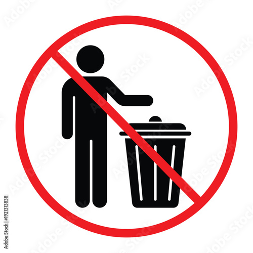 No littering prohibition sign showing a person throwing trash into a bin crossed by a red circle and diagonal line. Simple black pictogram on light background, ideal for public notice, hygiene and saf