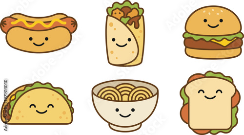 Cute Kawaii Food Icons With Happy Faces hot dog hamburger