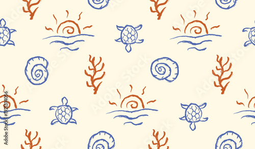 Tropical beach hand drawn pattern. Summer vintage doodle background. Scribble beach illustration seamless pattern containing sunset, sea turtle, seashell and coral.