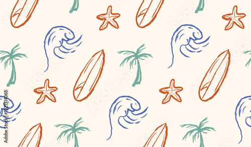 Tropical beach hand drawn pattern. Summer vintage doodle background. Scribble beach illustration seamless pattern containing palm tree, starfish, surfboard and wave.