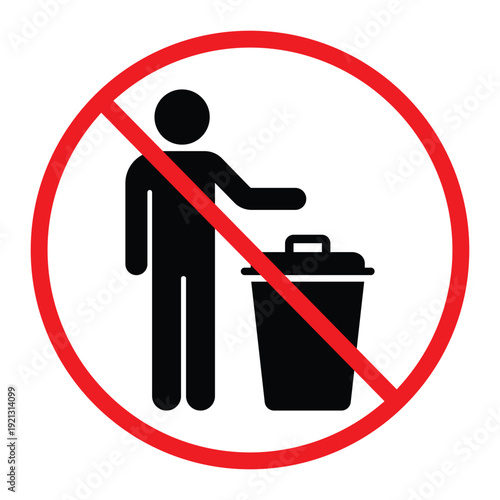 No littering prohibition sign showing a person throwing trash into a bin crossed by a red circle and diagonal line. Simple black pictogram on light background, ideal for public notice, hygiene and saf