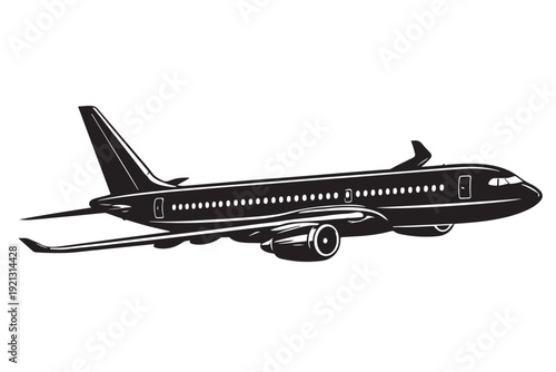 Airplane silhouette icon side view, air travel symbol, solid black silhouette, flat vector illustration, isolated on white background