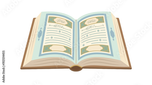 Open book with decorative pages and text.