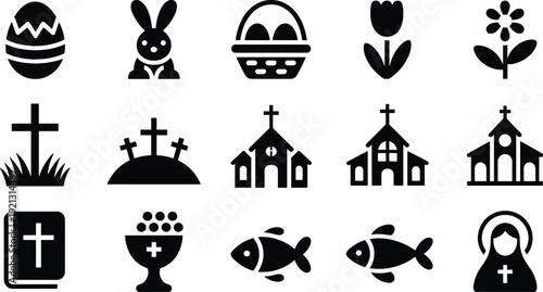 Easter icons set with egg, bunny, basket, tulip, cross, church, Bible, chalice, fish and saint vector silhouettes for spring religious celebration