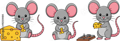 Cute Mouse Vector Illustration Set with Grey Rat Characters Eating Cheese and Standing Near Mousetrap Isolated on White Background