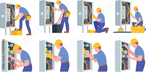 Electrician working on control panel vector set, technician repairing electrical cabinet wiring, maintenance service, isolated flat illustration