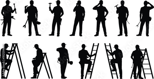 Handyman and construction worker silhouette set with tools, ladder climbing, standing poses and repair service action figures for signage