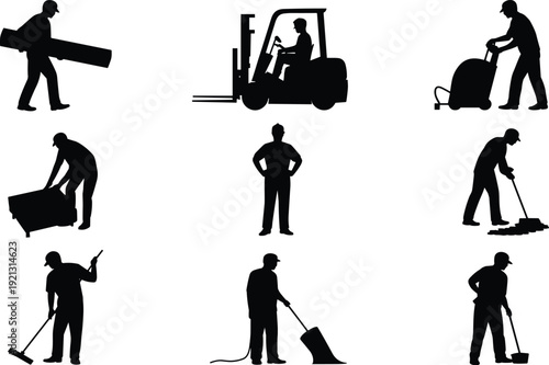 Industrial worker silhouettes set, warehouse labor forklift operator cleaner porter loader poses, black isolated vector illustration collection