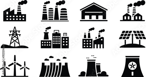 Industrial factory power plant and renewable energy silhouette icon set with warehouse, solar panels, wind turbines