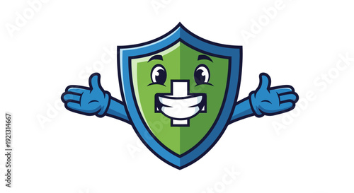Cartoon Shield Character with Hands Up.