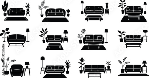 Living room interior silhouette icon set with sofa, coffee table, floor lamp and houseplant decor elements