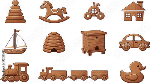 Eco Friendly Wooden Toy Vector Illustration Set with Rocking Horse Train Car Ship House and Duck Isolated on White Background