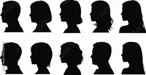 Male and female profile head silhouette vector set, human face side view portrait avatar illustration collection