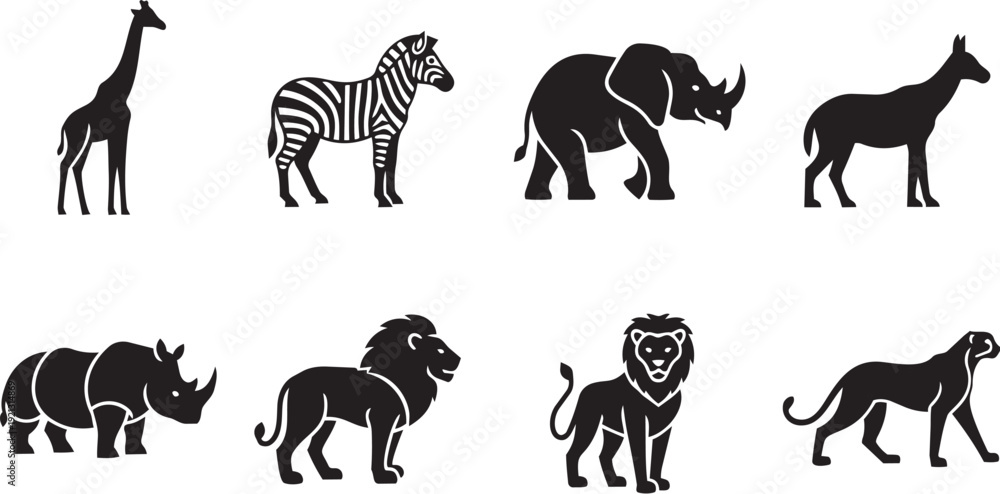 Obraz premium Collection of African Safari Wildlife Silhouettes - Iconic Animals for Design and Education