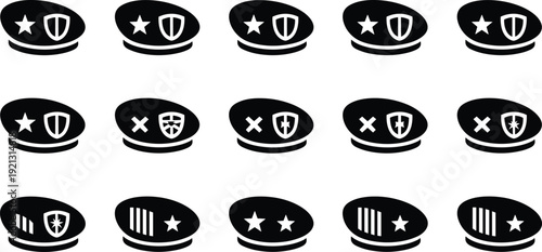 Military beret insignia icon set with stars, shields, rank stripes and unit badges in black silhouette for uniform design and UI