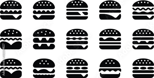 Minimal hamburger and cheeseburger icon set with varied bun, patty, cheese, sauce layers in black silhouette for restaurant menus and apps