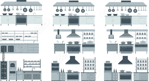 Modern kitchen interior vector set, cooking furniture and appliances collection for restaurant or home, isolated flat illustration