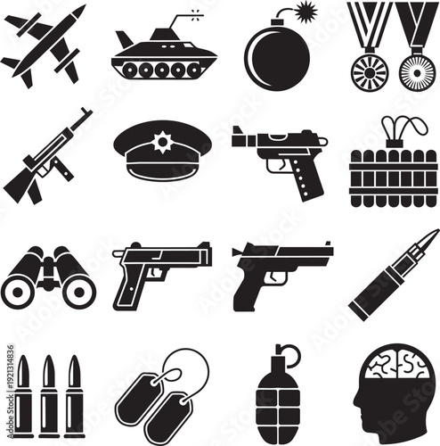 Military and weapon icons set aircraft, tank, bomb, medals, gun, cap, binoculars, bullet, dog tags, grenade, brain