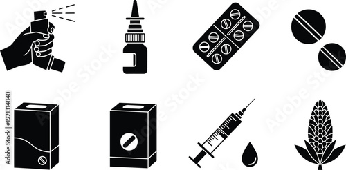 Icon collection of various objects including cigarette e cigarette pills gas can syringe and corn